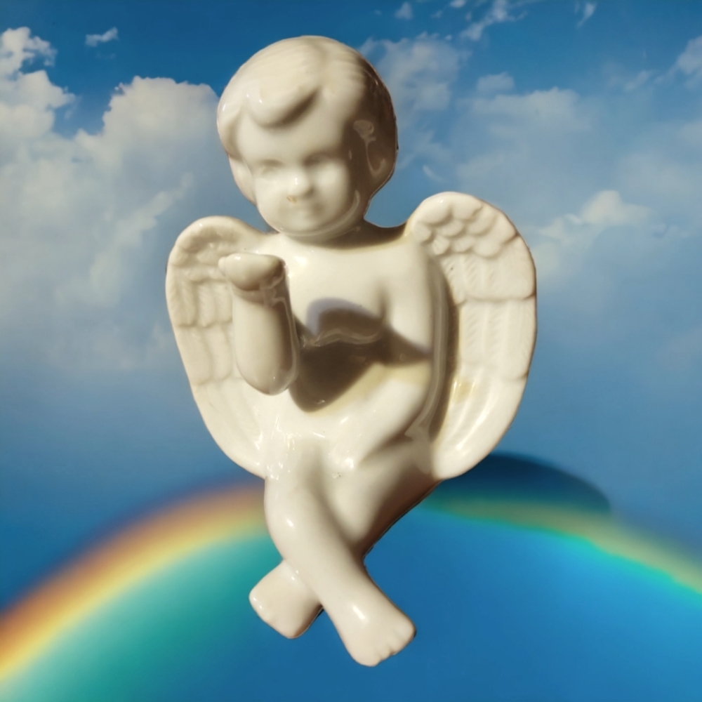 Vtg Glazed Ceramic White Angel Cherub Sitting Alms